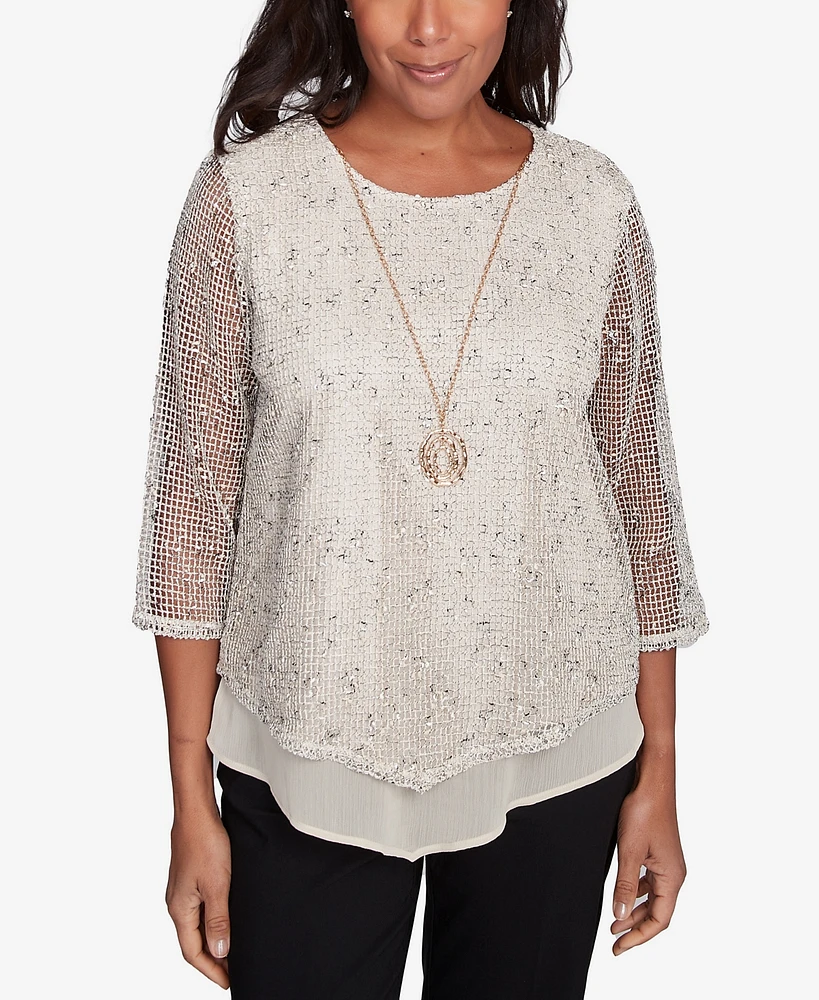 Alfred Dunner Petite Natural Instinct Popcorn Mesh Speckled Top With Necklace