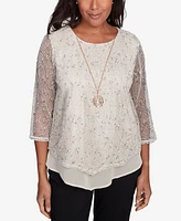 Alfred Dunner Petite Natural Instinct Popcorn Mesh Speckled Top With Necklace