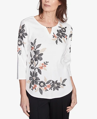 Alfred Dunner Petite Natural Instinct Earthy Floral Embroidered Textured Top