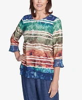 Alfred Dunner Petite Summer Solstice Tie Dye Striped Biadere Crewneck Top