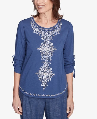 Alfred Dunner Petite Summer Solstice Embroidery Centered Tie Sleeve Top