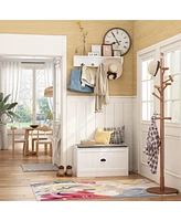Shoe bench with two lockers, white wooden shoe rack with coat rack, Entryway Bench
