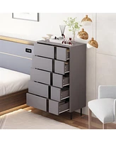 Bedside table with five drawers, side table with adjustable feet, grey wooden end table, suitable for bedrooms, living rooms, offices