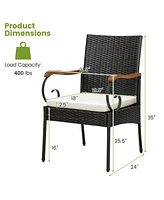 2PCS Patio Pe Wicker Chairs Acacia Wood Armrests withSoft Zippered Cushion Garden