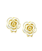 Bling Jewelry Set of 2 Enamel 3D White Blue Rose Flower Clip-On Earrings Gold Silver Plated