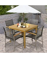 Gymax 5 Pcs Patio Dining Set Acacia Wood Table w/ 1.9'' Umbrella Hole Wicker Armchairs