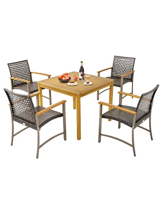 Gymax 5 Pcs Patio Dining Set Acacia Wood Table w/ 1.9'' Umbrella Hole Wicker Armchairs