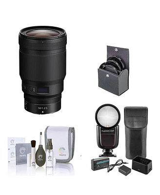 Nikon Nikkor Z 50mm f/1.2 S Lens, Bundle with Flashpoint Zoom Li-on X R2 Ttl On-Camera Round Flash Speedlight, 82mm Filter Kit, Cleaning Kit