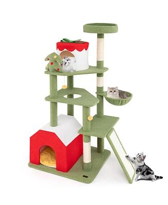 Gymax 61'' Tall Christmas Cat Tree w/ Sisal Scratching Posts Plush Perch & 2 Condos