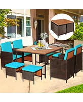Gymax 9PCS Rattan Wicker Dining Set Patio Outdoor Furniture Set w/ Cushion