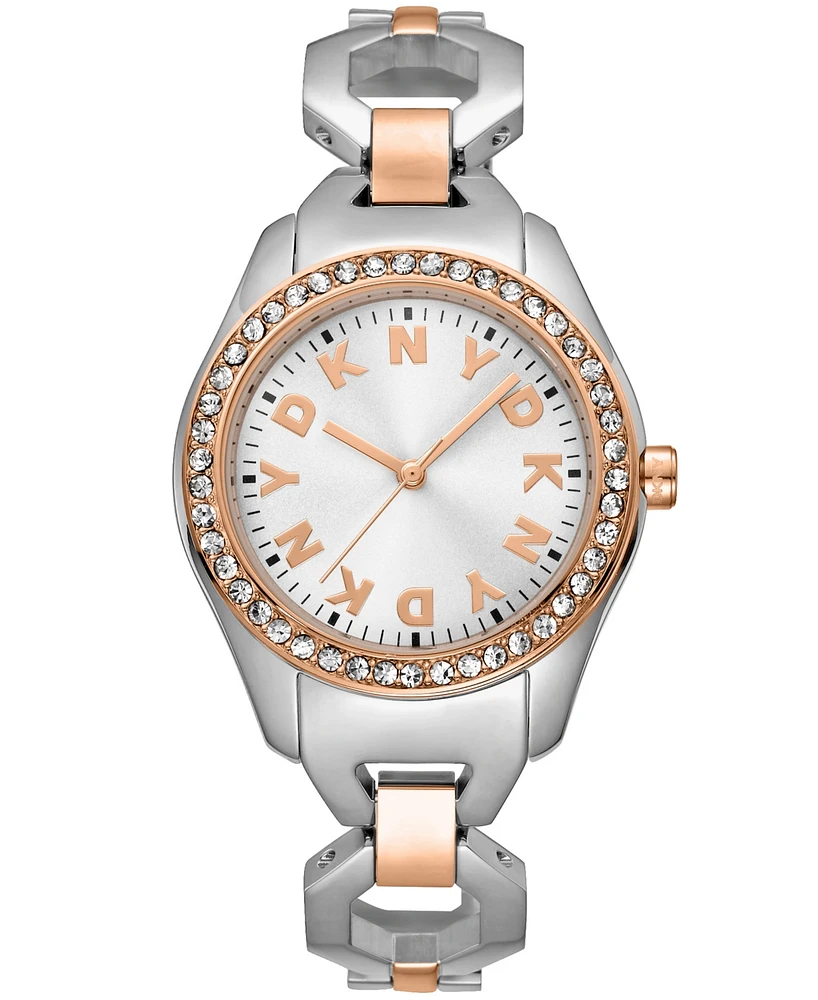 Dkny Women's Astoria Midi Glitz Silver Dial Rose Gold-Two-Tone Stainless Steel Bracelet Watch 33mm