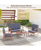 4 Pcs Patio Conversation Set Acacia Wood Sofa Coffee Table with Cushioned Seat