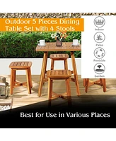 5PCS Acacia Patio Dining Set W/Square Table & 4 Stools Reddish