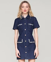Avec Les Filles Women's Collared Button-Front Mini Denim Dress