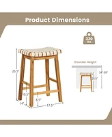 Woven Saddle Stools Set of 2 25.5'' Faux Pu Leather Counter Height Kitchen Stool