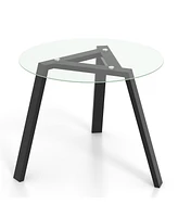Round Glass Dining Table for 4 with Rubber Wood Frame