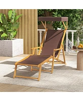 Birch Wood Chaise Lounge Chair Foldable Beach with Adjustable Canopy