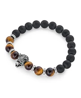 Bling Jewelry Set of 2 Wolf Face Natural Onyx Lapis and Tiger Eye Bead Stretch Bracelet Gold Plated
