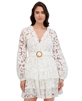 Siena Women's Blouson-Sleeve Tiered Lace A-Line Dress