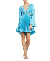 Mac Duggal Women's Pleated V-Neckline Cutout Long Sleeve Mini Dress