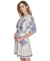 Eliza J Petite Embroidered Belted Button-Front Cotton Dress