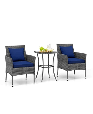 3 Pcs Patio Furniture Set witn Cushioned Chairs & Tempered Glass Coffee Table