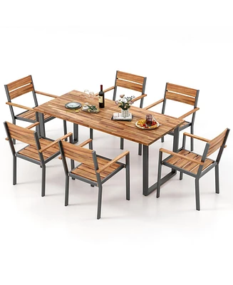 Gymax 7 Piece Patio Dining Set 69'' Rectangle Table w/ 6 Stackable Chairs