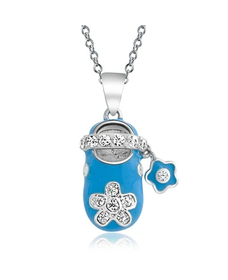 Bling Jewelry Blue Enamel Cubic Zirconia Cz Flower Shoe Charm Pendant Necklace .925 Sterling Silver