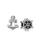 Bling Jewelry Set of 2 Nautical Boat Ship Wheel and Anchor Rope Charm Bead Sterling Silver