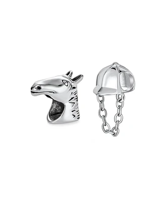 Bling Jewelry Set of 2 Western Horse and Jockey Equestrian Cap Hat Charm Bead Sterling Silver