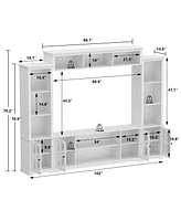 Grey Tv stand with top, left and right cabinets, multi-purpose media wooden console, entertainment center with tempered glass