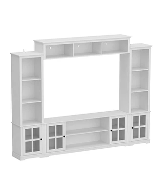 Grey Tv stand with top, left and right cabinets, multi-purpose media wooden console, entertainment center with tempered glass