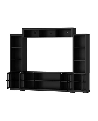 Grey Tv stand with top, left and right cabinets, multi-purpose media wooden console, entertainment center tempered glass