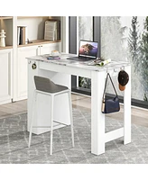 Bar Table Faux Marble Pub Table with 7 Hanging Hooks and Storage Compartment for Home Bar