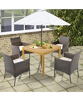 Gymax 5 Pcs Patio Dining Set Acacia Wood Table w/ 1.9'' Umbrella Hole Cushioned Chairs