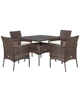 Gymax 5PCS Rattan Patio Dining Table Set Outdoor Furniture Set w/ 4 Seat Cushions