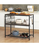3-Shelf Kitchen Island with Wine Glass Holders and 10 Hooks – Versatile Storage Cart with Built-In Wine Glass and Hook Storage