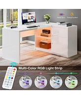 Tribesigns L-Shaped Executive Office Desk, Computer Desk with 3 Drawers, Modern Corner Home Office Executive Desk with Led Lights and 2 Storage Shelve