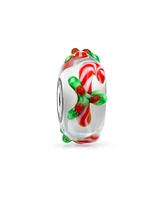 Bling Jewelry Set of 2 Christmas Charm Bead Red Candy Cane Peppermint Murano Glass Silver