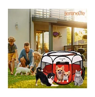 SereneLife Medium Portable & Foldable Pet Tent with Travel Bowl, Red