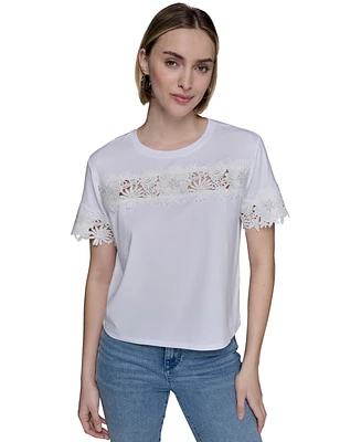 Karl Lagerfeld Paris Petite Short-Sleeve Cutout Knit Top