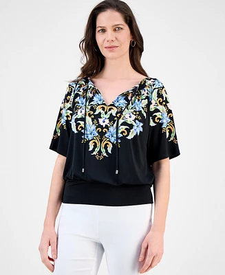 Jm Collection Women's Printed Split-Neck Banded Bottom Top