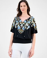 Jm Collection Women's Printed Split-Neck Banded Bottom Top