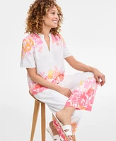 Jm Collection Women's Printed Linen Blend Split-Neck Top, Exclusively at Macy's