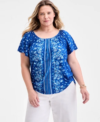 Style & Co Plus Printed Scoop-Neck Shirred Top