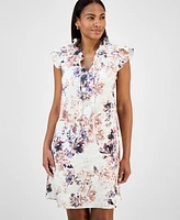 Robbie Bee Women's Printed Ruffle-Neck A-Line Dress
