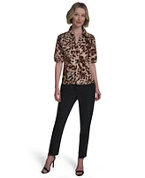 Halston Women's Cotton Printed Elbow-Sleeve Button-Front Blouse