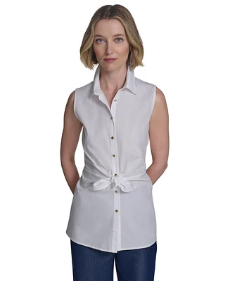 Halston Women's Cotton Tie-Waist Button-Front Sleeveless Blouse