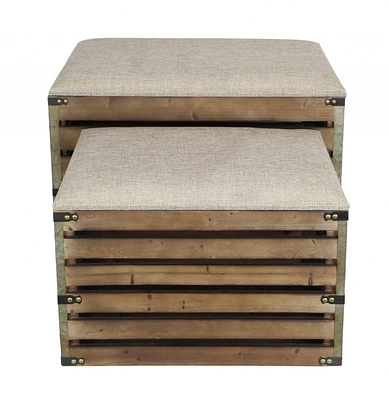 Set Of 2 Rectangular Linen Fabric And Wood Slats Storage Benches