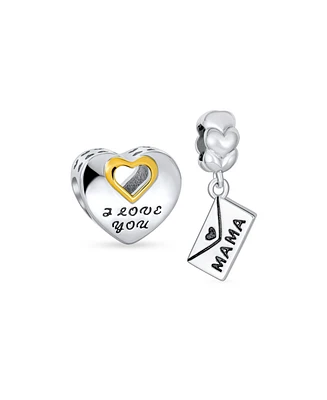 Bling Jewelry Set of 2 Envelope Heart Mama Dangle & Open Heart-Shape I Love You Bead Charm Gold Plated Silver